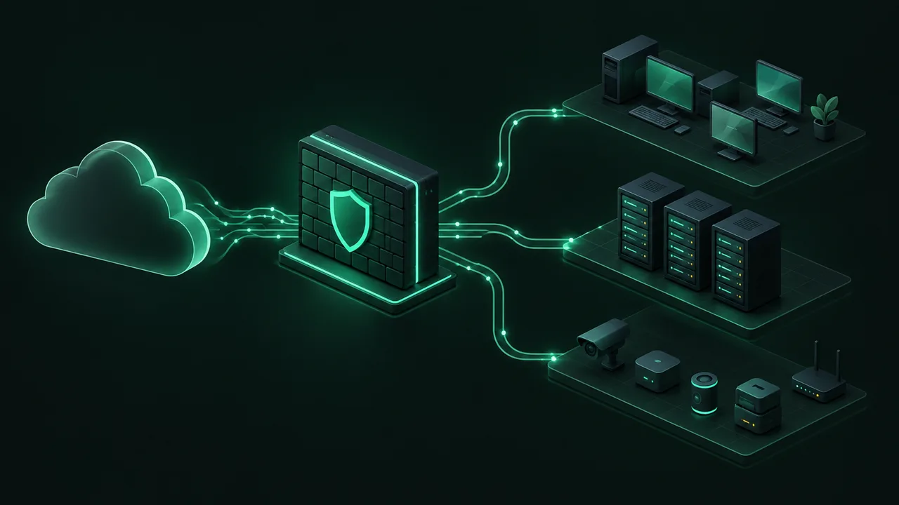 Ilustracja ruchu z Internetu przez firewall do oddzielnych stref sieci firmowej, serwerowej i IoT
